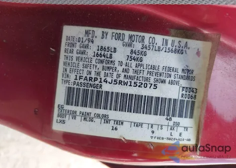 1994 Ford Escort Lx/Sport из США, поврежденный, VIN 1FARP14J5RW152075